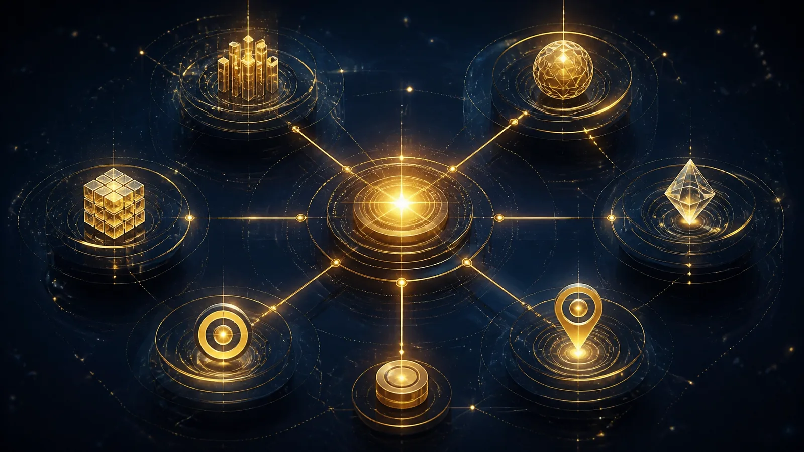 A glowing business entity core connected to Google, AI platforms, voice assistants, maps, and knowledge nodes