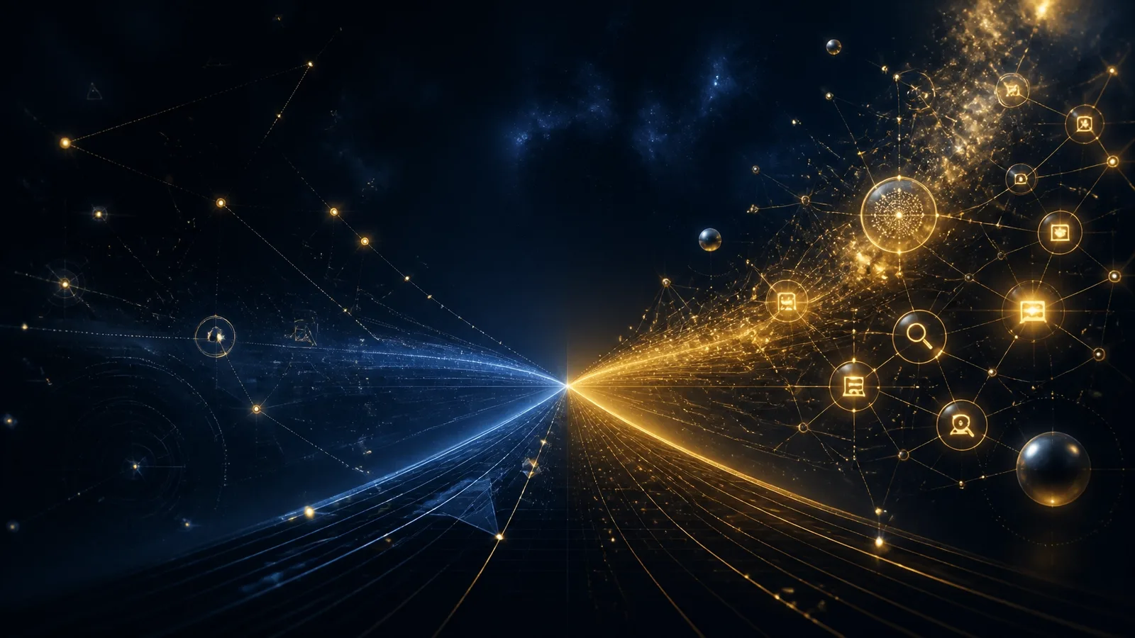 A luminous golden trail leaving a conventional blue search interface and entering an interconnected AI constellation, representing the shift from traditional search to AI recommendation