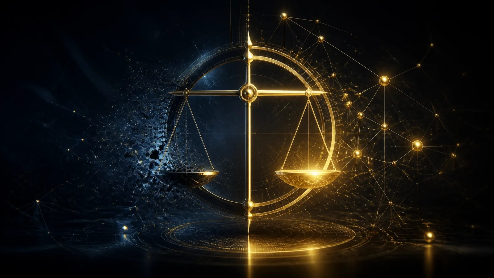 A cinematic gold-and-navy scorecard scale, with a coherent constellation network on one side and a dim fragmented network on the other, representing corroborated versus fragmented brand identity