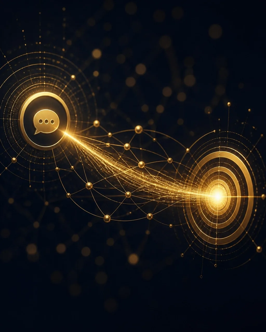 A golden conversation icon connected by radiating light to a bullseye target, representing an AI recommendation converting into a qualified customer