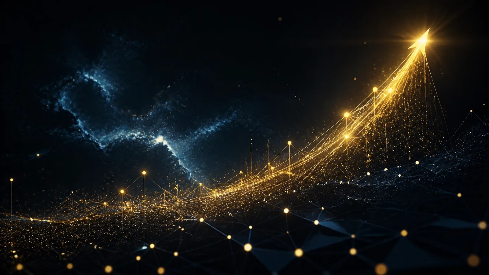 A golden growth arrow rising through a constellation network of connected data points, representing the 796% surge in AI-referred traffic