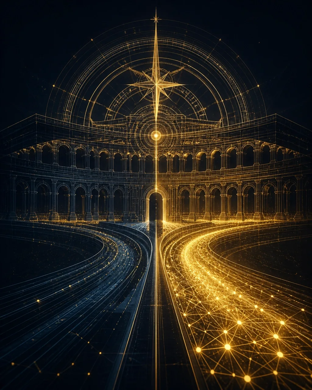 A symmetrical digital colosseum split between muted traditional search and a luminous gold AscendSEO network, representing the two competing visibility strategies